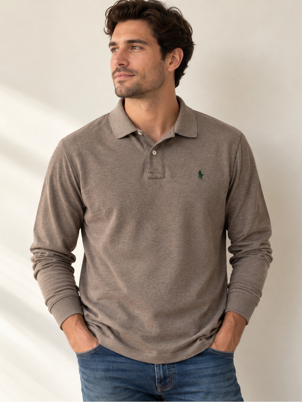 Polo Ralph Lauren Mens Large Brown Heather Long Sleeve Polo Shirt Cotton Classic